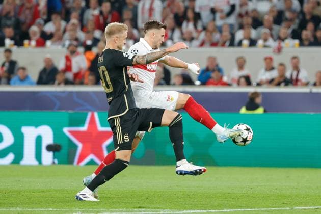 01 10 2024 Stuttgart , Champions League Football VfB Stuttgart vs Sparta Prague, v l Jaroslav Zeleny Prague Ermedin Demirovic VfB In accordance with the regulations of the DFL German Football League, it is prohibited to use or have used photographs taken in the stadium and or of the match in the form of sequential images and or video-like photo series