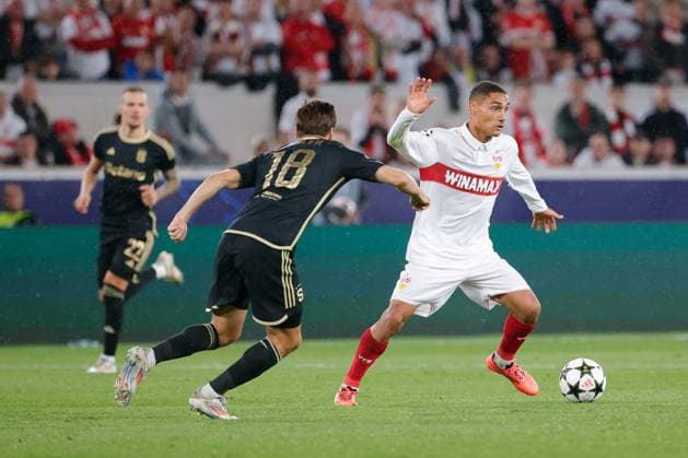 01 10 2024 Stuttgart , Champions League Football VfB Stuttgart vs Sparta Prague, v l Lukas Haraslin Prague Lukas Sadilek Prague Enzo Millot VfB In accordance with the regulations of the DFL German Football League, it is prohibited to use or have used photographs taken in the stadium and or of the match in the form of sequential images and or video-like photo series