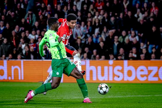 Sporting Club Portugal defender Ousmane Diomande, PSV Eindhoven midfielder Malik Tillman, during the match PSV Sporting CP at the Philips stadium for the UEFA Champions League phase matchday 2 season 2024 2025 in EINDHOVEN, Netherlands on 1 october 2024, photo by Marcel van Dorst EYE4images DeFodi Images Defodi 746 192102 Defodi-746