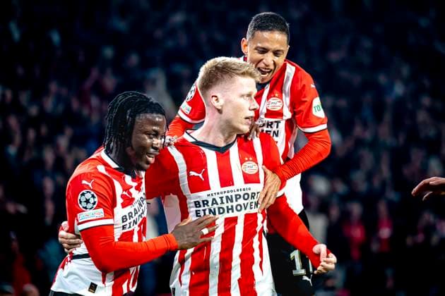 PSV Eindhoven midfielder Jerdy Schouten celebrating the goal, during the match PSV Sporting CP at the Philips stadium for the UEFA Champions League phase matchday 2 season 2024 2025 in EINDHOVEN, Netherlands on 1 october 2024, photo by Marcel van Dorst EYE4images DeFodi Images Defodi 746 192104 Defodi-746
