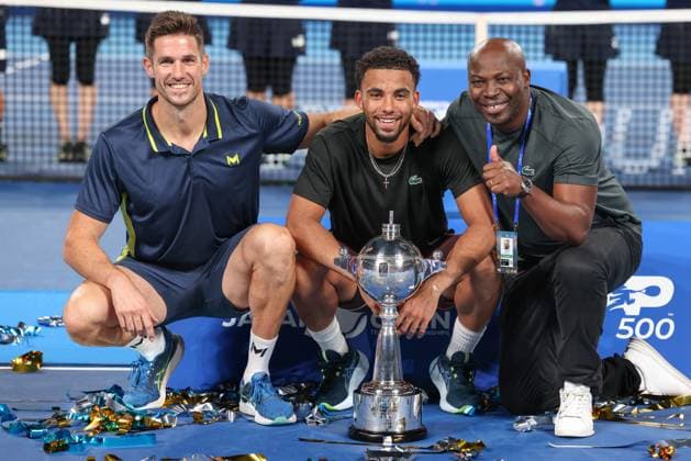 Fitness coach Fabien Cosmao, father Jean Fils and winner Arthur Fils with trophy, trophy ceremony, presentation final, final, Kinoshita Group Japan Open Tennis Championships, Tokyo, Japan Copyright: xJuergenxHasenkopfx