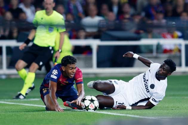 Lamine Yamal (Barcelona), Ebrima Colley (YoungBoys), OCTOBER 1, 2024 - Football Soccer : UEFA Champions League match between FC Barcelona, Barca 5-0 Young Boys at the Estadi Olimpic Lluis Companys in Barcelona, Spain. Noxthirdxpartyxsales  (268570990)