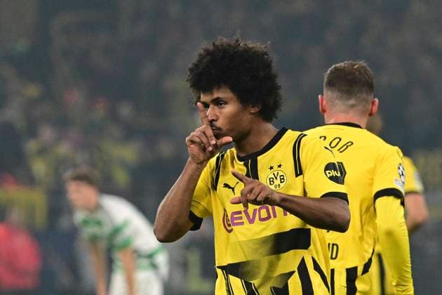 Goal celebration for 2 1 by Karim Adeyemi 27 Borussia Dortmund , Borussia Dortmund vs Celtic Glasgow, Soccer, Champions League, Matchday 2, 01 10 2024 Dortmund Nordrhein Westfalen Germany Copyright: xkolbert-press MarcxNiemeyerx