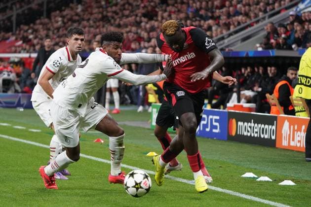 Soccer, UEFA Champions League 2024 2025, Bayer 04 Leverkusen AC Milan 01 10 2024 Bayarena Leverkusen, Victor Boniface , Bayer 04 Leverkusen, emerson royal ac milan ,