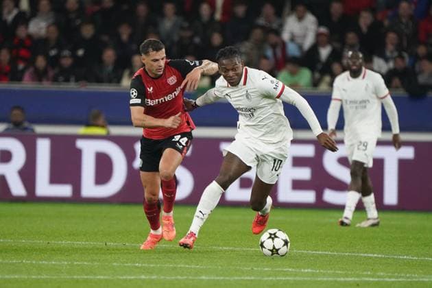Football, UEFA Champions League 2024 2025, Bayer 04 Leverkusen AC Milan 01 10 2024 Bayarena Leverkusen, Granit Xhaka, Bayer 04 Leverkusen, Rafael Leao, ac milan
