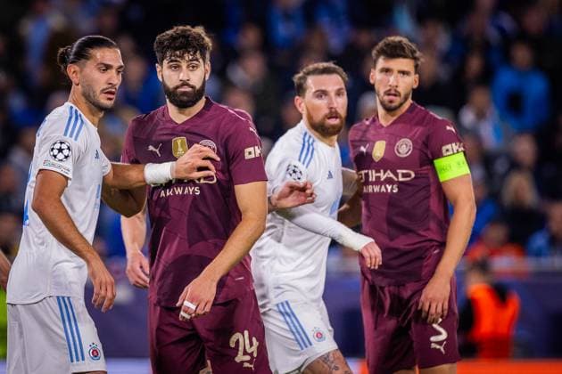 SLOVAN BRATISLAVA - MANCHESTER CITY Kyriakos Savvidis, Guram Kashia of Slovan and Josko Gvardiol, Ruben Dias of Man City during the UEFA Champions League, league stage match between SK Slovan Bratislava and Manchester City. Bratislava, Slovakia, October 01, 2024. PUBLICATION NOT IN SLOVAKIA Copyright: xx slovanbratislava_manchestercity_championsleague093