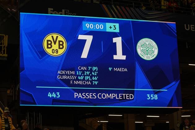 UEFA Champions League Borussia Dortmund Celtic Glasgow on 01 10 2024 at Signal Iduna Park in Dortmund Scoreboard Video screen with the official final score 7 to 1 MH