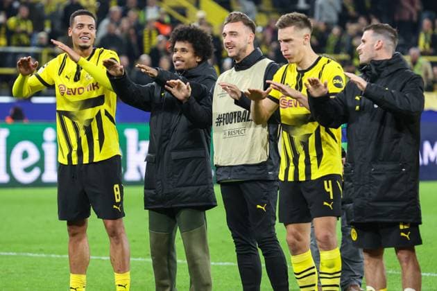 UEFA Champions League Borussia Dortmund Celtic Glasgow at Signal Iduna Park in Dortmund on 01 10 2024 Felix Nmecha Dortmund 8 , Karim Adeyemi Dortmund 27 , Nico Schlotterbeck Dortmund 4 , Pascal Gross Dortmund 13 celebrate the victory MH
