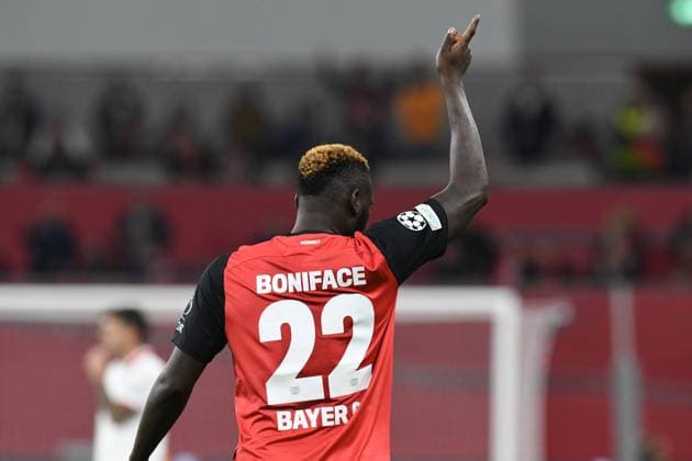 Goalscorer Victor Boniface Bayer 04 Leverkusen celebrates his goal for 1 0 GER, Bayer 04 Leverkusen vs AC Milan, Football, UEFA Champions League, Matchday 10, Season 2024 2025, 11 10 2024 DFL REGULATIONS PROHIBIT ANY USE OF PHOTOGRAPHS AS IMAGE SEQUENCES AND OR QUASI VIDEO GER, Bayer 04 Leverkusen vs AC Milan, Football, UEFA Champions League, Matchday 10, Season 2024 2025, 11 10 2024 Leverkusen Copyright: xEibner-Pressefoto ThomasxThienelx EP_TTL