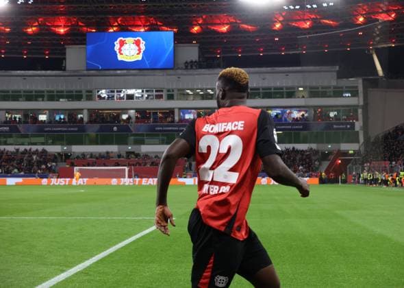 Victor Boniface Bayer celebrates after his goal for 1-0, Champions League, Matchday 2, Bayer 04 Leverkusen vs AC Milan, Leverkusen, Germany, 01 10 2024