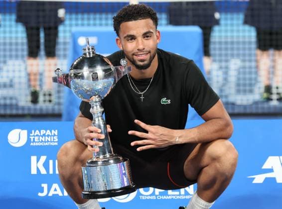 October 1, 2024, Tokyo, Japan - Arthur Fils of Francei poses with a trophy as he won the Japan Open Tennis championships at the Ariake Colosseum in Tokyo on Tuesday, October 1, 2024. Fils defeated his compatriot Ugo Humbert in the final. (photo by Yoshio Tsunoda AFLO) Noxthirdxpartyxsales  (0766346525st)