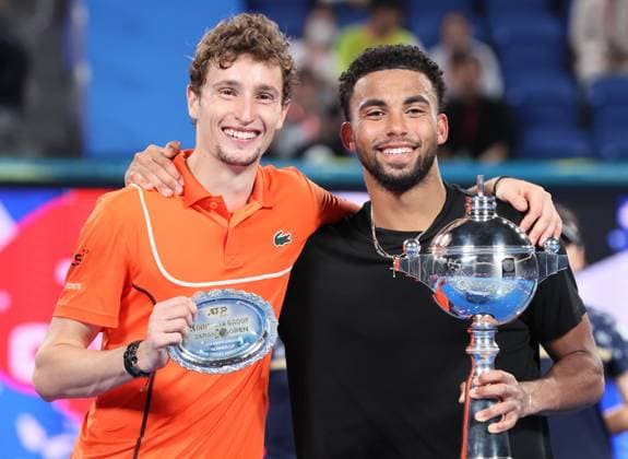 October 1, 2024, Tokyo, Japan - Arthur Fils (R) of Francei and his compatriot Ugo Humbert (L) pose for photo as Fils won the Japan Open Tennis championships and Humbert finished the runner up at the Ariake Colosseum in Tokyo on Tuesday, October 1, 2024. Fils defeated Humbert in the final. (photo by Yoshio Tsunoda AFLO) Noxthirdxpartyxsales  (0766346529st)