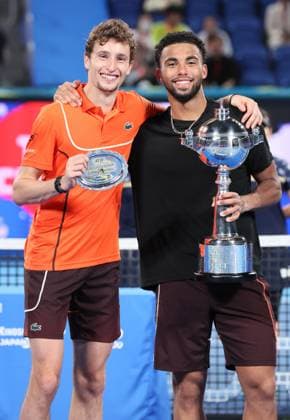 October 1, 2024, Tokyo, Japan - Arthur Fils (R) of Francei and his compatriot Ugo Humbert (L) pose for photo as Fils won the Japan Open Tennis championships and Humbert finished the runner up at the Ariake Colosseum in Tokyo on Tuesday, October 1, 2024. Fils defeated Humbert in the final. (photo by Yoshio Tsunoda AFLO) Noxthirdxpartyxsales  (0766346530st)