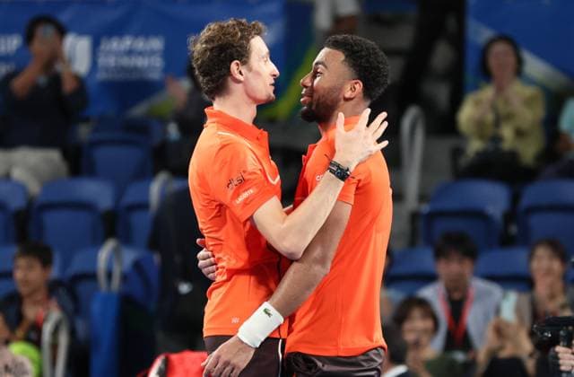October 1, 2024, Tokyo, Japan - Arthur Fils (R) of Francei hugs with his compatriot Ugo Humbert (L) as Fils won the Japan Open Tennis championships and Humbert finished the runner up at the Ariake Colosseum in Tokyo on Tuesday, October 1, 2024. Fils defeated Humbert in the final. (photo by Yoshio Tsunoda AFLO) Noxthirdxpartyxsales  (0766346534st)