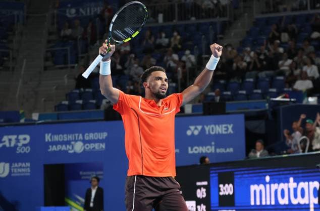 October 1, 2024, Tokyo, Japan - Arthur Fils of Francei reacts to audience as he won the Japan Open Tennis championships at the Ariake Colosseum in Tokyo on Tuesday, October 1, 2024. Fils defeated his compatriot Ugo Humbert in the final. (photo by Yoshio Tsunoda AFLO) Noxthirdxpartyxsales  (0766346645st)