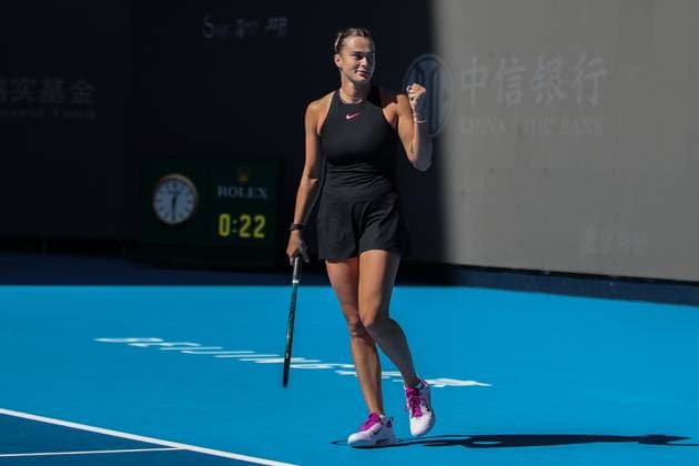 (241002) -- BEIJING, Oct. 2, 2024 -- Aryna Sabalenka of Belarus celebrates during the Women s Singles Round of 16 match between Aryna Sabalenka of Belarus and Madison Keys of the United States at the 2024 China Open tennis tournament in Beijing, capital of China, Oct. 2, 2024. (Photo by Xinhua) (SP)CHINA-BEIJING-TENNIS-CHINA OPEN-WOMEN S SINGLES (CN) ChangxNengjia 