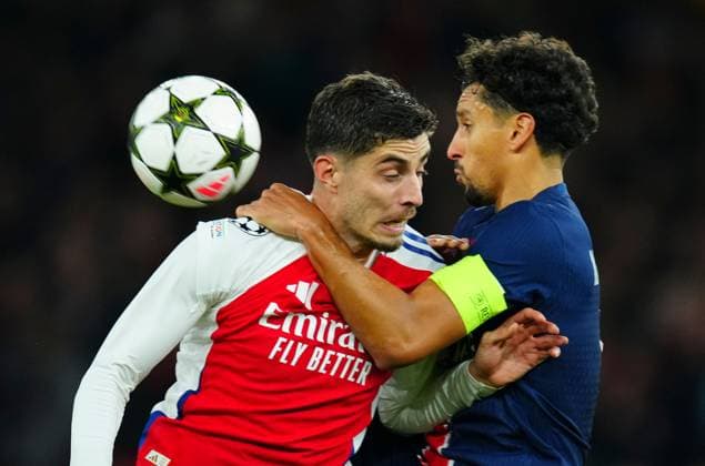Kai Havertz of Arsenal battles with Marquinhos of PSG Arsenal v Paris Saint-Germain, UEFA Champions League, Group Stage, Football, Emirates Stadium, London, UK, 01 Oct 2024 EDITORIAL USE ONLY No use with unauthorised audio, video, data, fixture lists, club league logos or live services. Online in-match use limited to 120 images, no video emulation. No use in betting, games or single club league player publications.  Copyright: xJavierxGarcia Shutterstockx 14750159fb