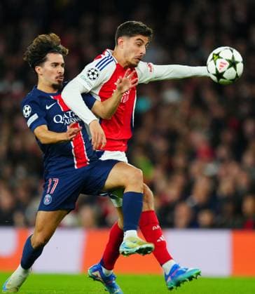Vitinha of PSG battles with Kai Havertz of Arsenal Arsenal v Paris Saint-Germain, UEFA Champions League, Group Stage, Football, Emirates Stadium, London, UK, 01 Oct 2024 EDITORIAL USE ONLY No use with unauthorised audio, video, data, fixture lists, club league logos or live services. Online in-match use limited to 120 images, no video emulation. No use in betting, games or single club league player publications.  Copyright: xJavierxGarcia Shutterstockx 14750159hf