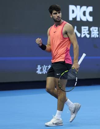 (241002) -- BEIJING, Oct. 2, 2024 -- Carlos Alcaraz of Spain celebrates during the Men s Singles Final between Jannik Sinner of Italy and Carlos Alcaraz of Spain at the 2024 China Open tennis tournament in Beijing, capital of China, Oct. 2, 2024. (Photo by Xinhua) (SP)CHINA-BEIJING-TENNIS-CHINA OPEN-MEN S SINGLES-FINAL (CN) DuxXinyi 