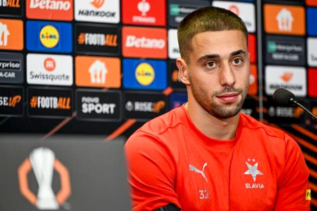 Player Ondrej Lingr attends a press conference, PK, Pressekonferenz of SK Slavia Praha before the UEFA Europa League, 2nd round match: SK Slavia Prague vs Ajax Amsterdam (AFC Ajax), in Prague, Czech Republic, on October 2, 2024. (CTKxPhoto OndrejxDeml) CTKPhotoP2024100204993  CTKPhotoP2024100204993
