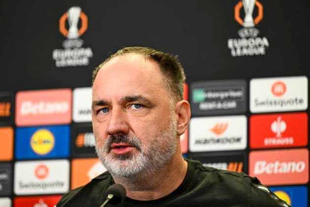 Head coach Jindrich Trpisovsky attends a press conference, PK, Pressekonferenz of SK Slavia Praha before the UEFA Europa League, 2nd round match: SK Slavia Prague vs Ajax Amsterdam (AFC Ajax), in Prague, Czech Republic, on October 2, 2024. (CTKxPhoto OndrejxDeml) CTKPhotoP2024100204994  CTKPhotoP2024100204994