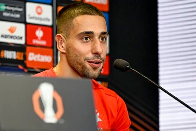 Player Ondrej Lingr attends a press conference, PK, Pressekonferenz of SK Slavia Praha before the UEFA Europa League, 2nd round match: SK Slavia Prague vs Ajax Amsterdam (AFC Ajax), in Prague, Czech Republic, on October 2, 2024. (CTKxPhoto OndrejxDeml) CTKPhotoP2024100204996  CTKPhotoP2024100204996