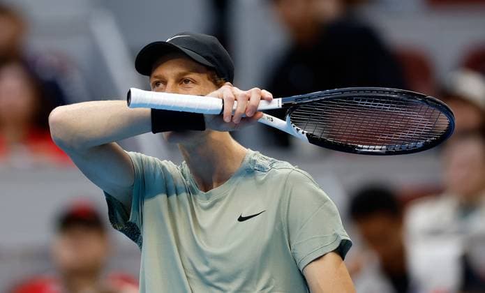 (241002) -- BEIJING, Oct. 2, 2024 -- Jannik Sinner of Italy reacts during the Men s Singles Final between Jannik Sinner of Italy and Carlos Alcaraz of Spain at the 2024 China Open tennis tournament in Beijing, capital of China, Oct. 2, 2024. ) (SP)CHINA-BEIJING-TENNIS-CHINA OPEN-MEN S SINGLES-FINAL (CN) WangxLili 