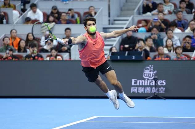 (241002) -- BEIJING, Oct. 2, 2024 -- Carlos Alcaraz of Spain hits a return during the Men s Singles Final between Jannik Sinner of Italy and Carlos Alcaraz of Spain at the 2024 China Open tennis tournament in Beijing, capital of China, Oct. 2, 2024. ) (SP)CHINA-BEIJING-TENNIS-CHINA OPEN-MEN S SINGLES-FINAL (CN) BaixXuefei 