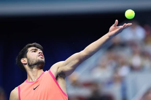 (241002) -- BEIJING, Oct. 2, 2024 -- Carlos Alcaraz of Spain serves during the Men s Singles Final between Jannik Sinner of Italy and Carlos Alcaraz of Spain at the 2024 China Open tennis tournament in Beijing, capital of China, Oct. 2, 2024. ) (SP)CHINA-BEIJING-TENNIS-CHINA OPEN-MEN S SINGLES-FINAL (CN) BaixXuefei 