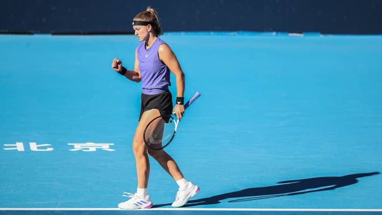 (241002) -- BEIJING, Oct. 2, 2024 -- Karolina Muchova of the Czech Republic celebrates scoring during the women s singles round of 16 match against Cristina Bucsa of Spain at 2024 China Open tennis tournament in Beijing, capital of China, Oct. 2, 2024. (Photo by Xinhua) (SP)CHINA-BEIJING-TENNIS-CHINA OPEN-WOMEN S SINGLES (CN) ChangxNengjia 