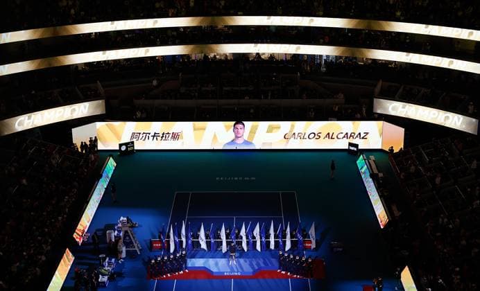(241002) -- BEIJING, Oct. 2, 2024 -- Photo taken on Oct. 2, 2024 shows the awarding ceremony of the Men s Singles Final between Jannik Sinner of Italy and Carlos Alcaraz of Spain at the 2024 China Open tennis tournament in Beijing, capital of China. ) (SP)CHINA-BEIJING-TENNIS-CHINA OPEN-MEN S SINGLES-FINAL (CN) WangxLili 