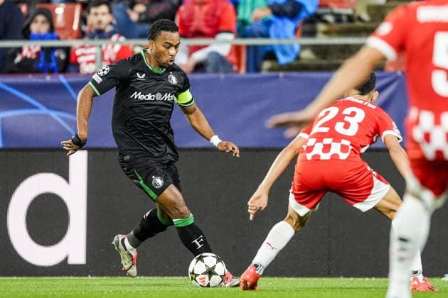 UEFA Champions League: Girona FC v Feyenoord Girona - Quinten Timber of Feyenoord, Ivan Martin of Girona FC during the second round of new format of the UEFA Champions League 2024 2025. The match is set between Girona FC and Feyenoord at Estadi Montilivi on 2 October 2024 in Girona, Spain. Copyright: xTomxBodex