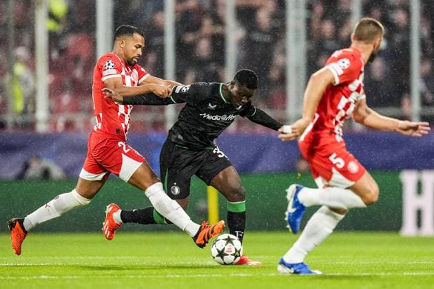 UEFA Champions League: Girona FC v Feyenoord Girona - Bryan Gil of Girona FC, Ibrahim Osman of Feyenoord during the second round of new format of the UEFA Champions League 2024 2025. The match is set between Girona FC and Feyenoord at Estadi Montilivi on 2 October 2024 in Girona, Spain. Copyright: xTomxBodex
