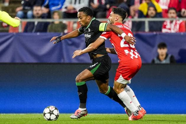 UEFA Champions League: Girona FC v Feyenoord Girona - Quinten Timber of Feyenoord, Bryan Gil of Girona FC during the second round of new format of the UEFA Champions League 2024 2025. The match is set between Girona FC and Feyenoord at Estadi Montilivi on 2 October 2024 in Girona, Spain. Copyright: xTomxBodex