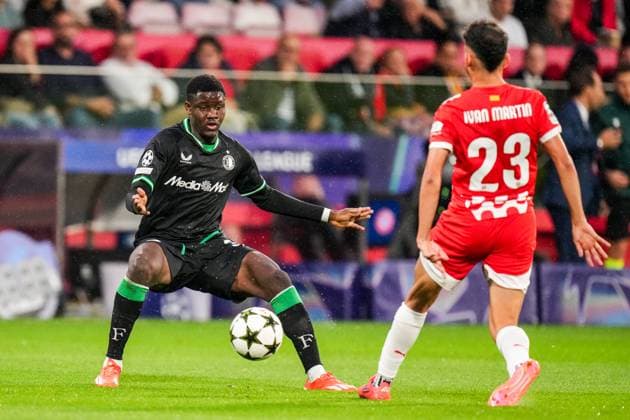 UEFA Champions League: Girona FC v Feyenoord Girona - Ibrahim Osman of Feyenoord, Ivan Martin of Girona FC during the second round of new format of the UEFA Champions League 2024 2025. The match is set between Girona FC and Feyenoord at Estadi Montilivi on 2 October 2024 in Girona, Spain. Copyright: xYannickxVerhoevenx
