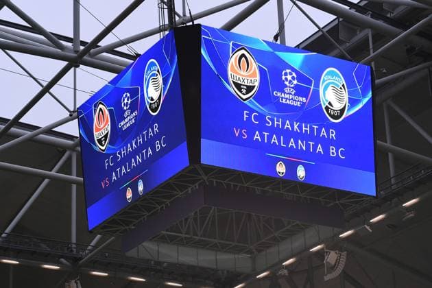 Soccer Champions League Matchday 2 Shakhtar Donetsk Atalanta Bergamo on 02 10 2024 at Arena AufSchalke in Gelsenkirchen Todays match between FC Shaktar and Atlanta BC will be shown on the video screen at Arena AufSchalke. xRx