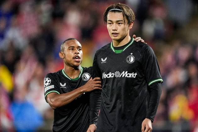 UEFA Champions League: Girona FC v Feyenoord Girona - Igor Paixao of Feyenoord, Ayase Ueda of Feyenoord during the second round of new format of the UEFA Champions League 2024 2025. The match is set between Girona FC and Feyenoord at Estadi Montilivi on 2 October 2024 in Girona, Spain. Copyright: xTomxBodex