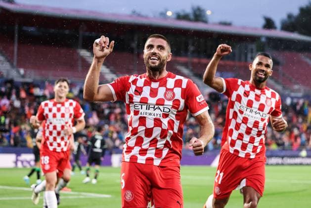 October 2, 2024, Girona, Girona, SPAIN: David Lopez of Girona FC celebrates a goal during the UEFA Champions League, football match played between Girona FC and Feyenoord at Estadio de Montilivi on October 02, 2024 in Girona, Spain. Girona SPAIN - ZUMAa181 20241002_zaa_a181_007 Copyright: xJavierxBorregox