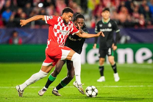 UEFA Champions League: Girona FC v Feyenoord Girona - Arnaut Danjuma of Girona FC, Jordan Lotomba of Feyenoord during the second round of new format of the UEFA Champions League 2024 2025. The match is set between Girona FC and Feyenoord at Estadi Montilivi on 2 October 2024 in Girona, Spain. Copyright: xYannickxVerhoevenx