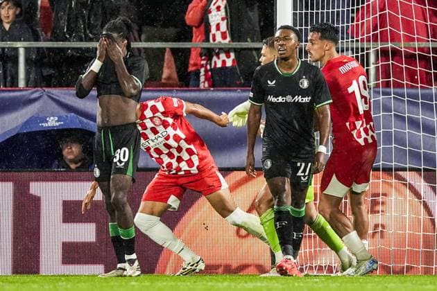 UEFA Champions League: Girona FC v Feyenoord Girona - Jordan Lotomba of Feyenoord, Antoni Milambo of Feyenoord during the second round of new format of the UEFA Champions League 2024 2025. The match is set between Girona FC and Feyenoord at Estadi Montilivi on 2 October 2024 in Girona, Spain. Copyright: xTomxBodex