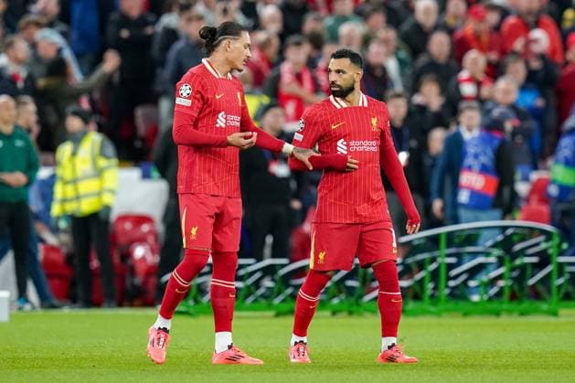 Liverpool FC v Bologna FC Liverpool forward Darwin Nunez (9) and Liverpool forward Mohamed Salah (11) talk together and gesture during the Liverpool FC v Bologna FC UEFA Champions League Round 1 match at Anfield, Liverpool, England, United Kingdom on 2 October 2024 Editorial use only. All images are copyright Every Second Media Limited. No images may be reproduced without prior permission. Copyright: xIMAGO EveryxSecondxMediax ESM-1152-0035