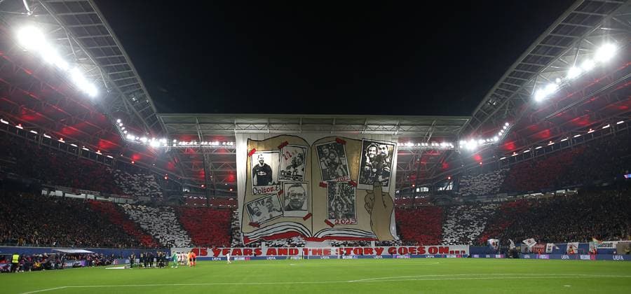 02 10 2024, Football UEFA Champions League 2024 2025, Matchday 2, RB Leipzig Juventus Turin, in the Red Bull Arena Leipzig big choreo in the fan block of RB Leipzig DFL and DFB regulations prohibit any use of photographs as image sequences and or quasi video