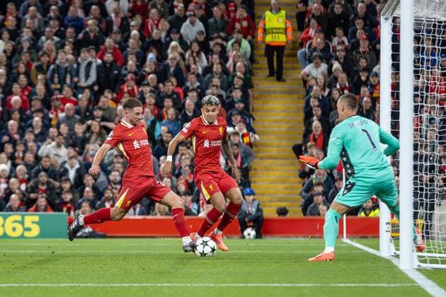 Liverpool v Bologna Champions League 02 10 2024. GOAL 1-0 Liverpool midfielder Alexis Mac Allister (10) scores during the Champions League match between Liverpool and Bologna at Anfield, Liverpool, England on 2 October 2024. Editorial use only , Copyright: xIanxStephenx PSI-20540-0010