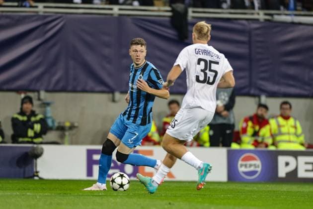 SOCCER - UEFA CL, Sturm vs Brugge KLAGENFURT,AUSTRIA,02.OCT.24 - SOCCER - UEFA Champions League, SK Sturm Graz vs Club Brugge. Image shows Niklas Geyrhofer (Sturm).  GEPAxpictures xMatthiasxTrinkl