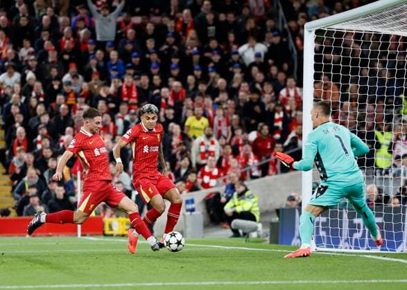 Liverpool FC v Bologna FC 1909 - UEFA Champions League 2024 25 League Phase MD2 of Liverpool scores the opening goal during the UEFA Champions League 2024 25 League Phase MD2 match between Liverpool FC and Bologna FC 1909 at Anfield on October 2, 2024 in Liverpool, England. Liverpool Anfield England United Kingdom Copyright: xRichardxSellers Sportsphoto APLx 14049060