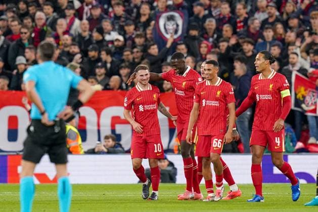 Liverpool FC v Bologna FC Liverpool midfielder Alexis Mac Allister (10) scores a GOAL 1-0 and celebrates with Liverpool defender Ibrahima Konate (5) Liverpool defender Trent Alexander-Arnold (66) Liverpool defender Virgil van Dijk (4) during the Liverpool FC v Bologna FC UEFA Champions League Round 1 match at Anfield, Liverpool, England, United Kingdom on 2 October 2024 Editorial use only. All images are copyright Every Second Media Limited. No images may be reproduced without prior permission. Copyright: xIMAGO EveryxSecondxMediax ESM-1152-0046