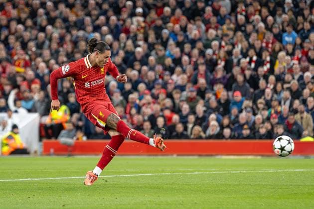 Liverpool v Bologna Champions League 02 10 2024. GOAL disallowed offside Liverpool forward Darwin Nunez (9) shoots at goal during the Champions League match between Liverpool and Bologna at Anfield, Liverpool, England on 2 October 2024. Editorial use only , Copyright: xIanxStephenx PSI-20540-0013