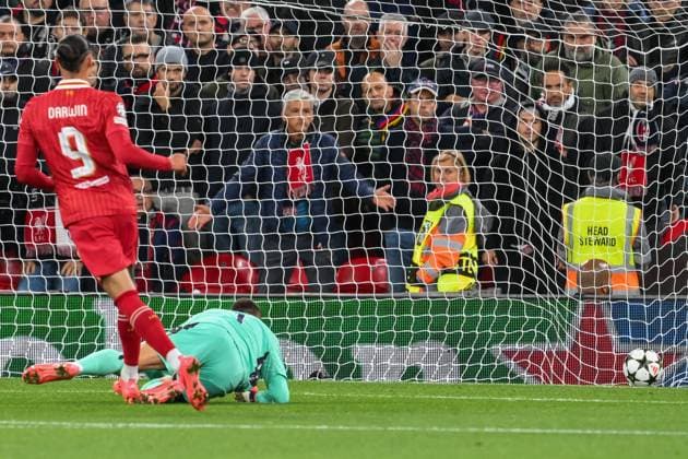 UEFA Champions League - League Stage Liverpool v Bologna Darwin Nunez of Liverpool scores to make it 2-0, which was later ruled offside during the UEFA Champions League - League Stage match Liverpool vs Bologna at Anfield, Liverpool, United Kingdom, 2nd October 2024 (Photo by Craig Thomas News Images) Liverpool Anfield Merseyside United Kingdom Copyright: xCraigxThomas NewsxImagesx
