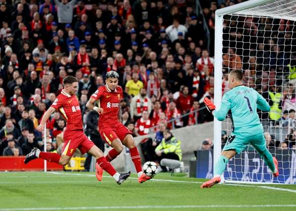 Liverpool FC v Bologna FC 1909 - UEFA Champions League 2024 25 League Phase MD2 Alexis Mac Allister of Liverpool scores the opening goal during the UEFA Champions League 2024 25 League Phase MD2 match between Liverpool FC and Bologna FC 1909 at Anfield on October 2, 2024 in Liverpool, England. Liverpool Anfield England United Kingdom Copyright: xRichardxSellers Sportsphoto APLx 14049061