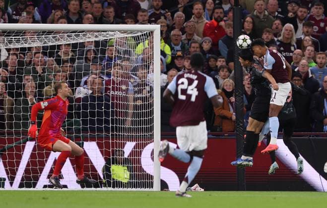 Birmingham, England, 2nd October 2024. Ollie Watkins of Aston Villa heads the ball but fails to score during the UEFA Champions League match at Villa Park, Birmingham. Picture credit should read: Cameron Smith Sportimage EDITORIAL USE ONLY. No use with unauthorised audio, video, data, fixture lists, club league logos or live services. Online in-match use limited to 120 images, no video emulation. No use in betting, games or single club league player publications. SPI-3354-0035